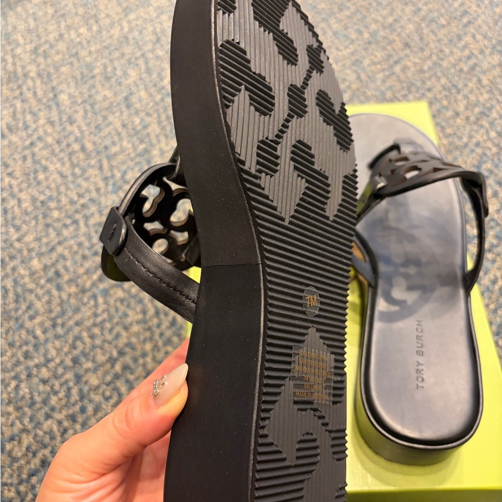 Tory Burch Miller Wedge 25MM Black Leather Sandals - Picture 4 of 9